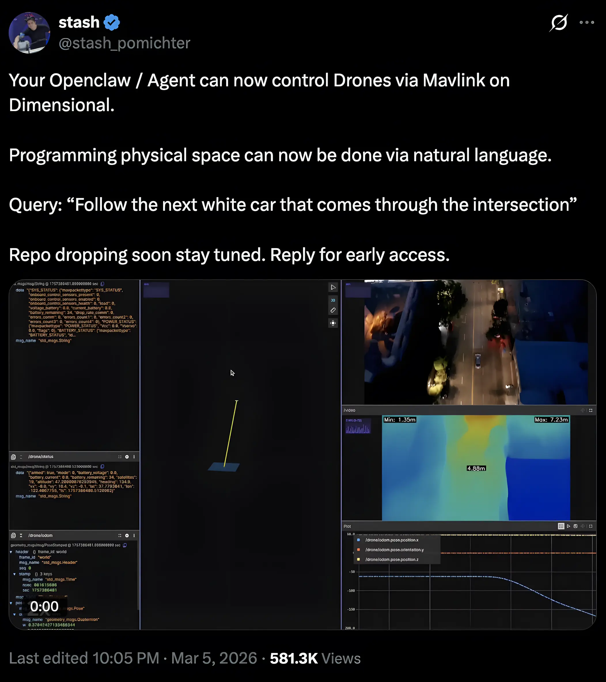 Tweet from @stash_pomichter showing the Openclaw drone demo via Dimensional